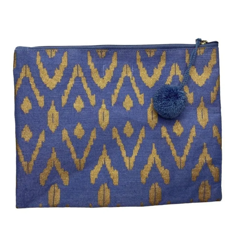 Mudpie Blue Gold Travel Pouch MakeUp Bag with Pom Pom